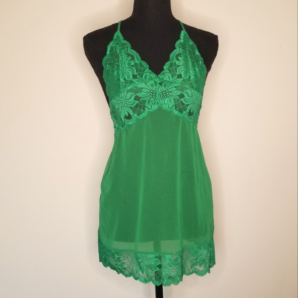Frederick's of Hollywood Nightie emerald green lace chemise sheer Feminine M